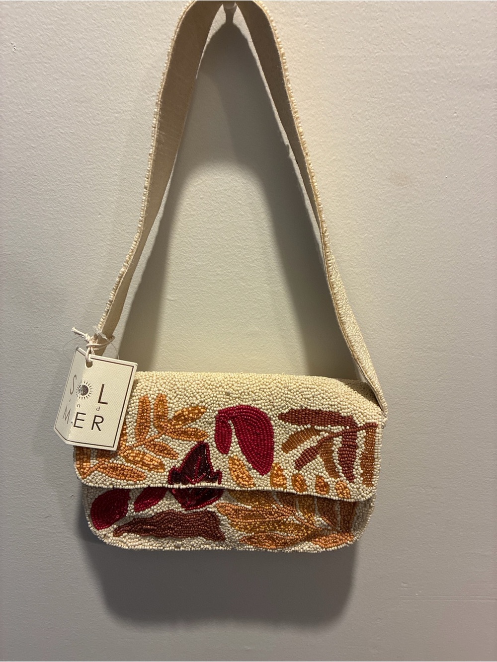 Cream Beaded Shoulder Bag with Fall Leaf Embroidery